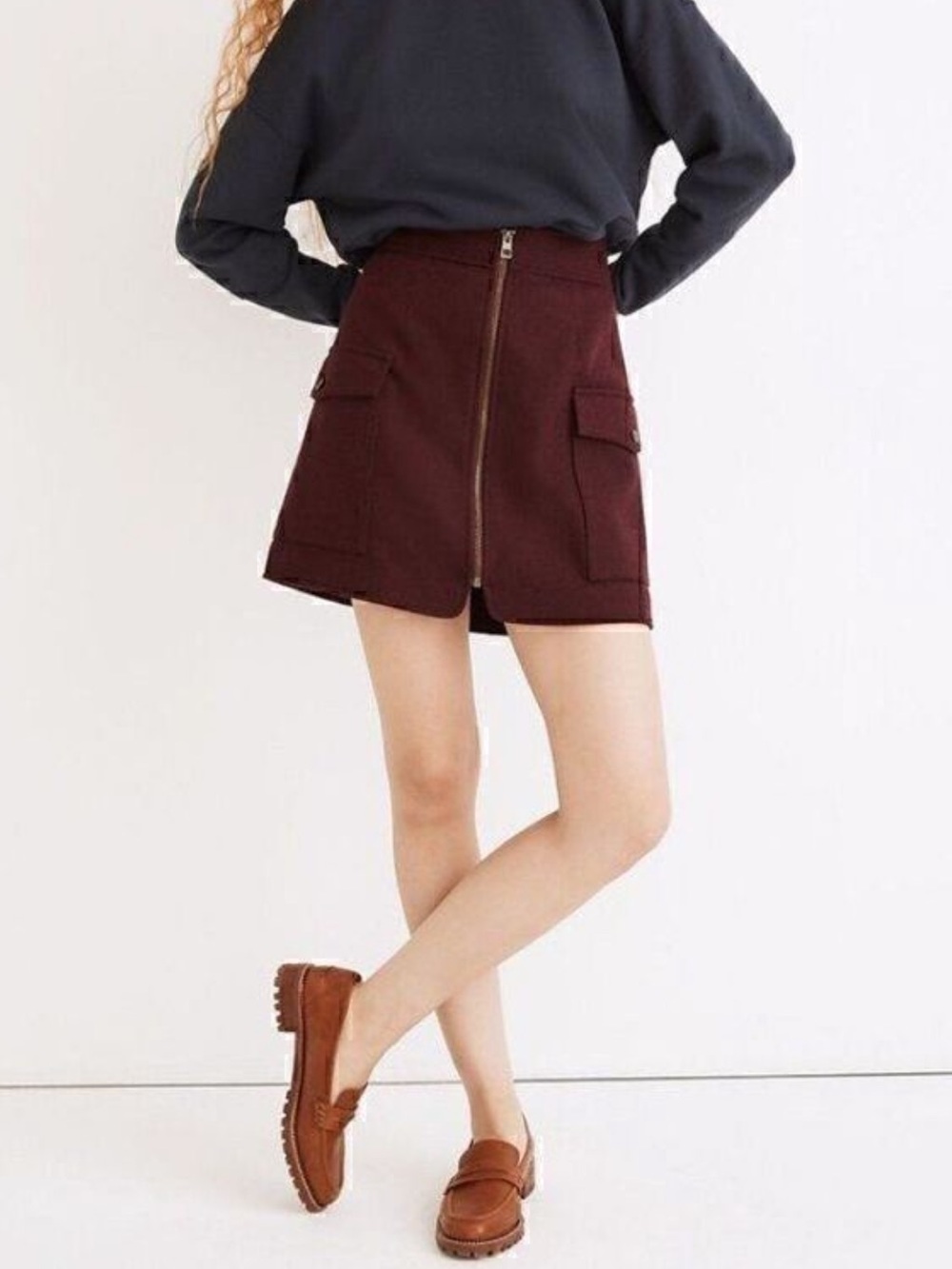 NEW! Madewell Zip-Front Mini Skirt Bordeaux Red Patch Pockets Wool Blend Size 4